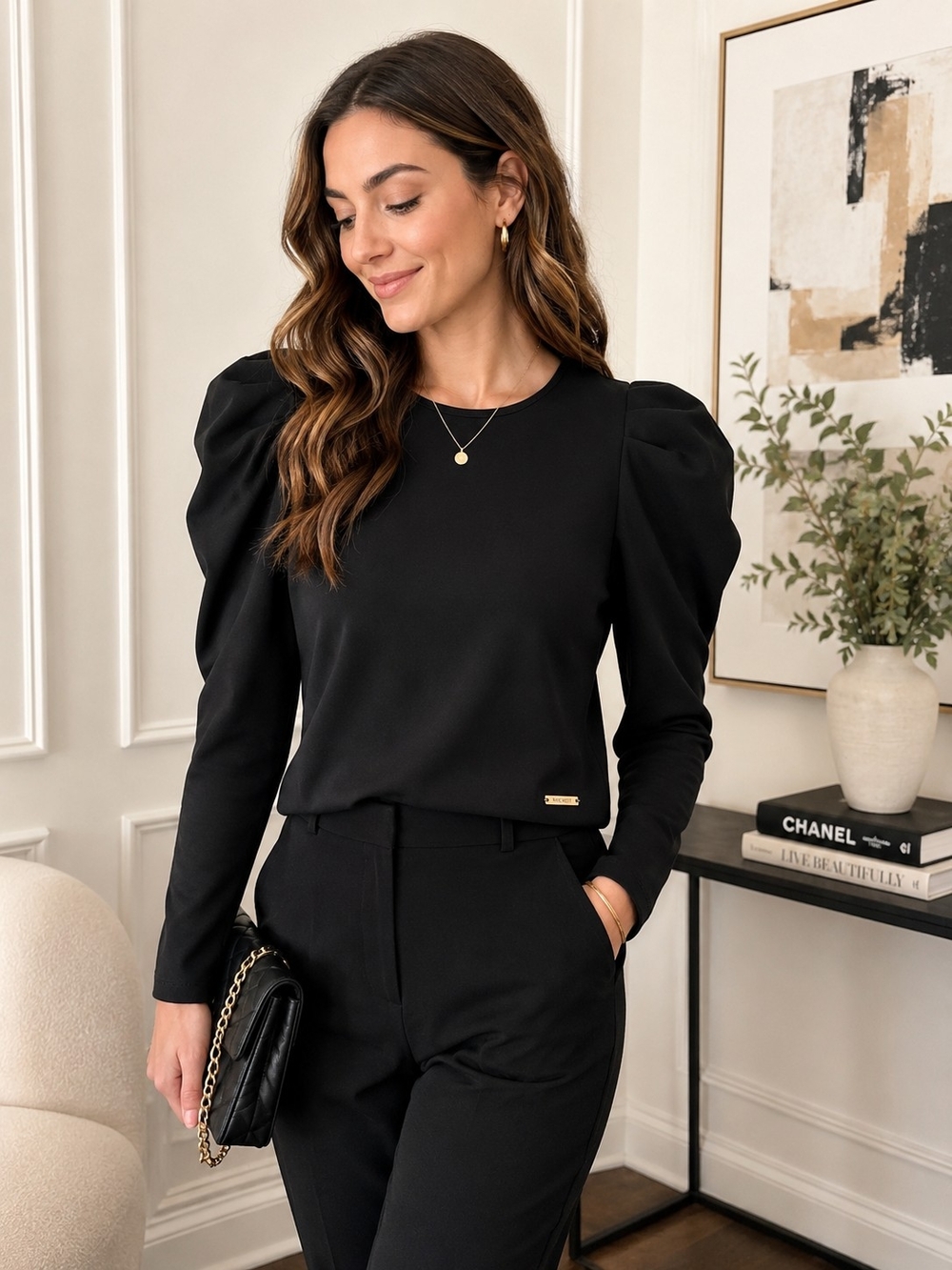Nine West Black Puff Sleeve Long Sleeve Top Blouse Size Small S